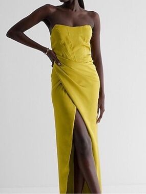 Express Strapless Olive-Yellow Column Gown with Front Slit retails for $168